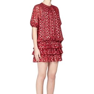 SAINT LAURENT Multi-Dot Tiered Short-Sleeve Metallic Silk Mini Dress- Brand New